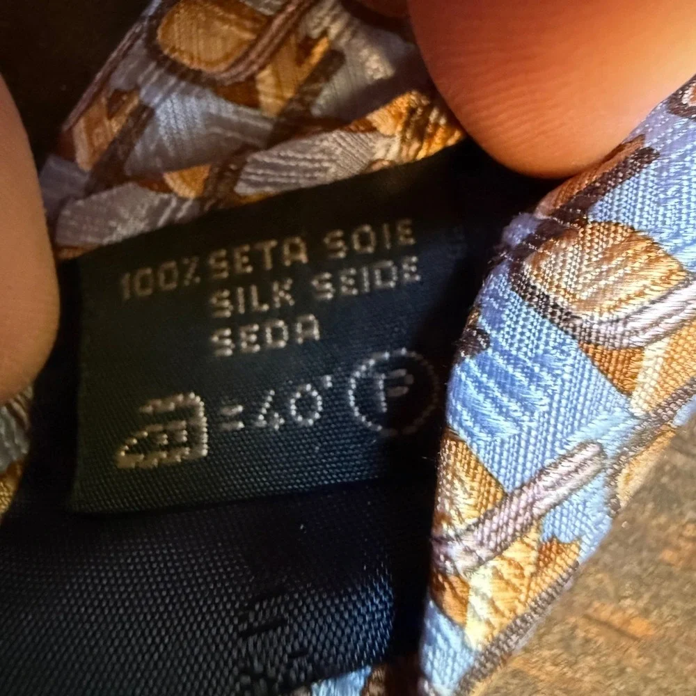 Ermenegildo Zegna Silk Tie OS Geometric Chair Pattern Blue Tan Italy Luxury